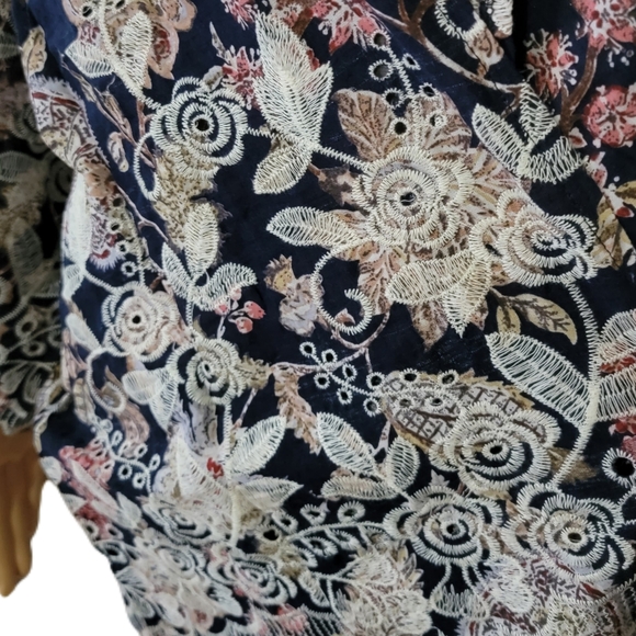 Navy Blue Open Front Kimono Style Cover Up Floral Paisley Print Embroidery OSFM - Picture 6 of 7